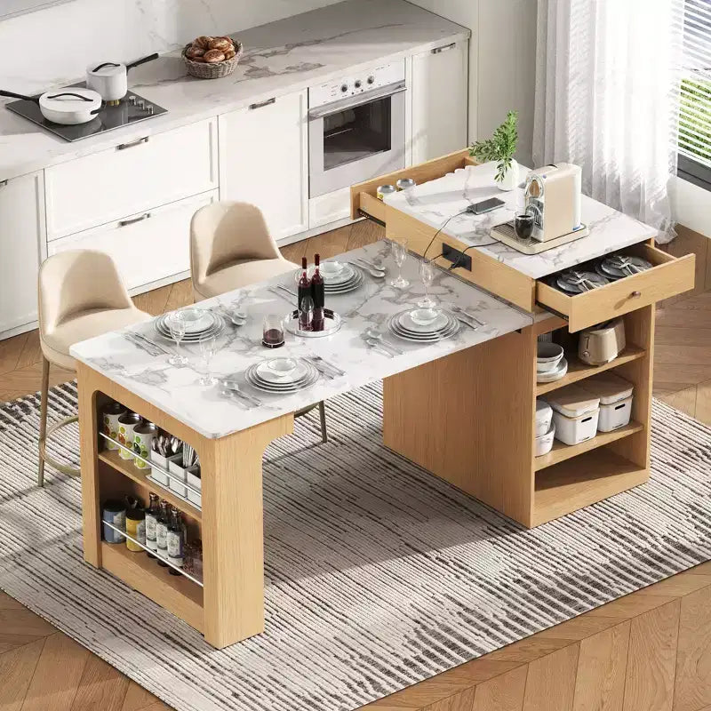 Carrello da Cucina Isola Nero / Naturale / Bianco con Tavolo Estensibile, Spazio Contenitore e Presa di Corrente, per 1–2 Persone