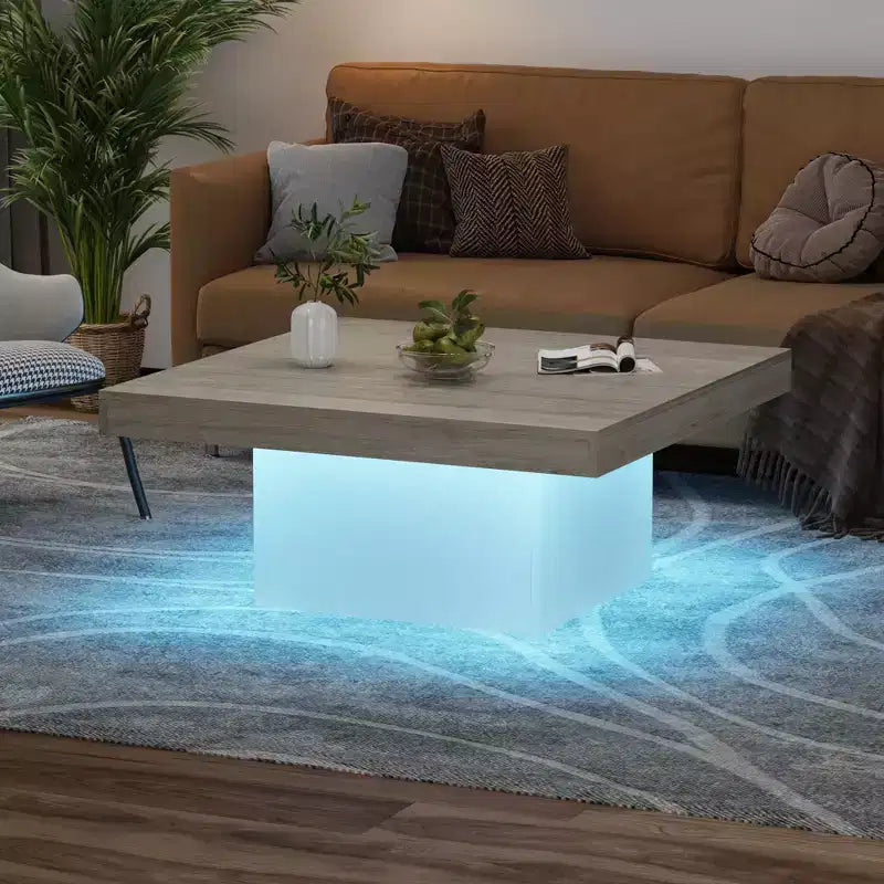 Tavolino quadrato marrone/grigio con luci LED sulle gambe, per 2 persone, stile moderno di metà secolo