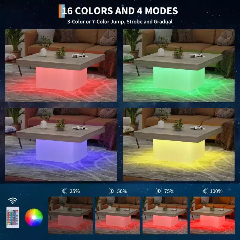 Tavolino quadrato marrone/grigio con luci LED sulle gambe, per 2 persone, stile moderno di metà secolo