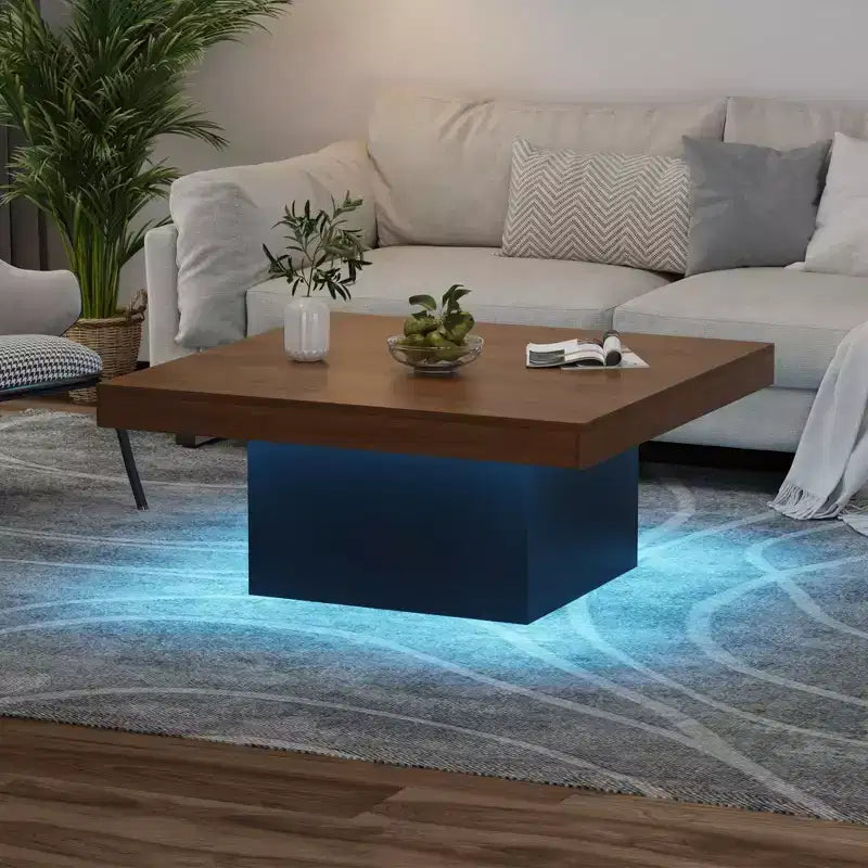 Tavolino quadrato marrone/grigio con luci LED sulle gambe, per 2 persone, stile moderno di metà secolo