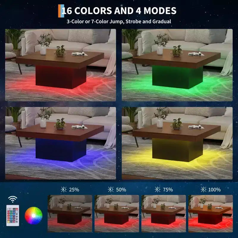Tavolino quadrato marrone/grigio con luci LED sulle gambe, per 2 persone, stile moderno di metà secolo