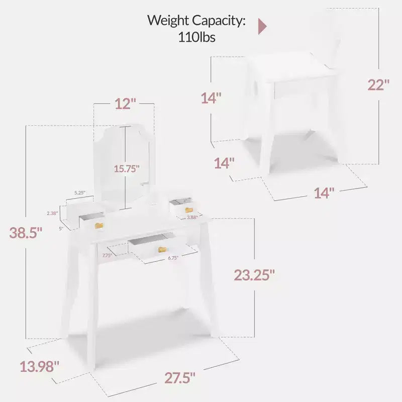 Set toeletta e sedia in legno per bambini con specchio – Rosa/Bianco, 1 bambino