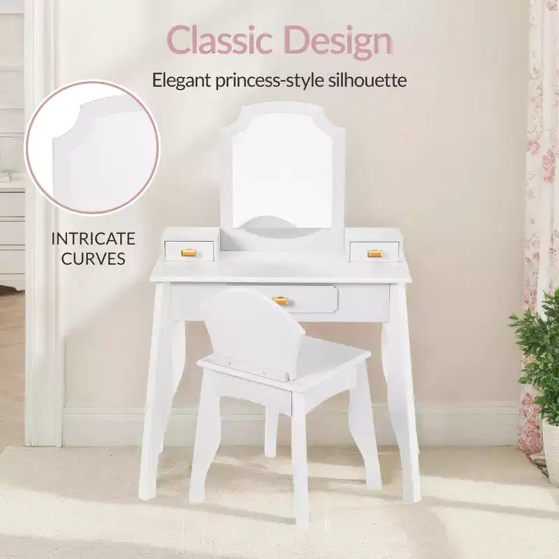 Set toeletta e sedia in legno per bambini con specchio – Rosa/Bianco, 1 bambino