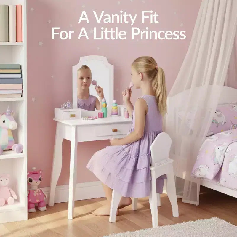 Set toeletta e sedia in legno per bambini con specchio – Rosa/Bianco, 1 bambino