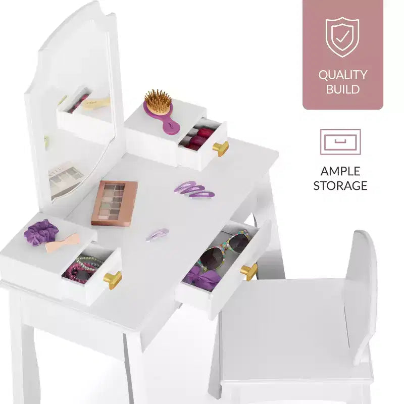 Set toeletta e sedia in legno per bambini con specchio – Rosa/Bianco, 1 bambino