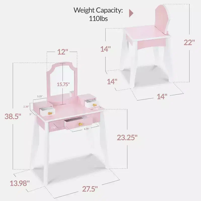 Set toeletta e sedia in legno per bambini con specchio – Rosa/Bianco, 1 bambino