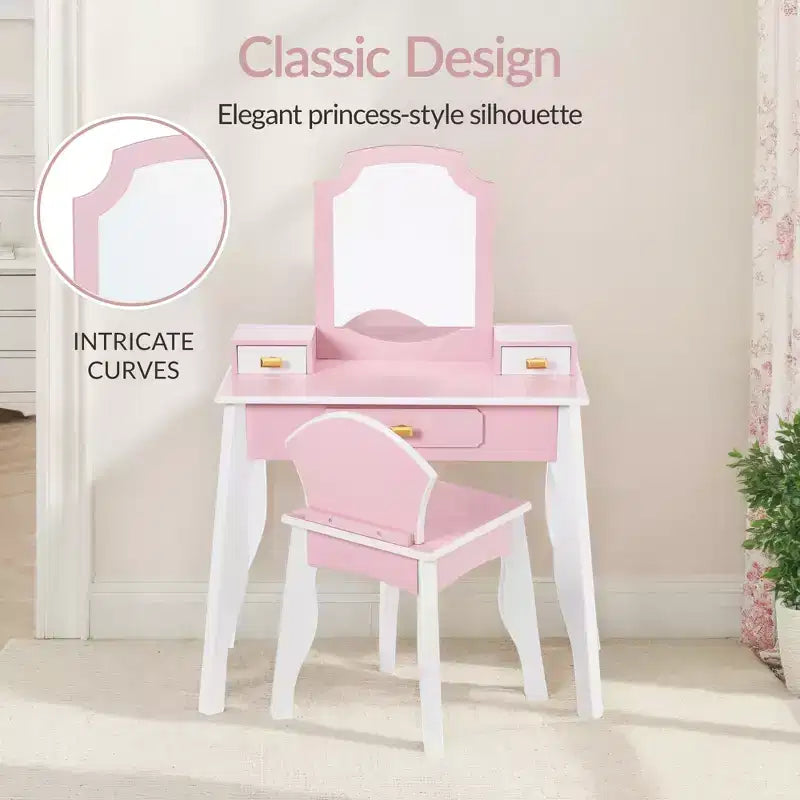 Set toeletta e sedia in legno per bambini con specchio – Rosa/Bianco, 1 bambino