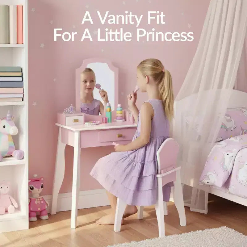 Set toeletta e sedia in legno per bambini con specchio – Rosa/Bianco, 1 bambino