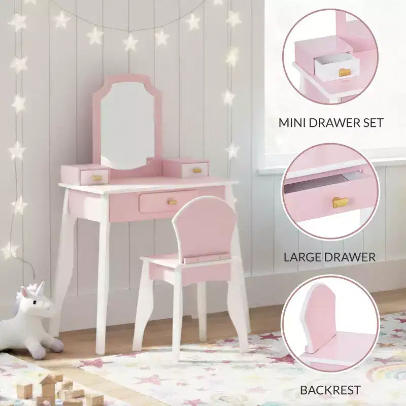 Set toeletta e sedia in legno per bambini con specchio – Rosa/Bianco, 1 bambino