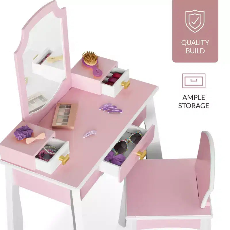 Set toeletta e sedia in legno per bambini con specchio – Rosa/Bianco, 1 bambino
