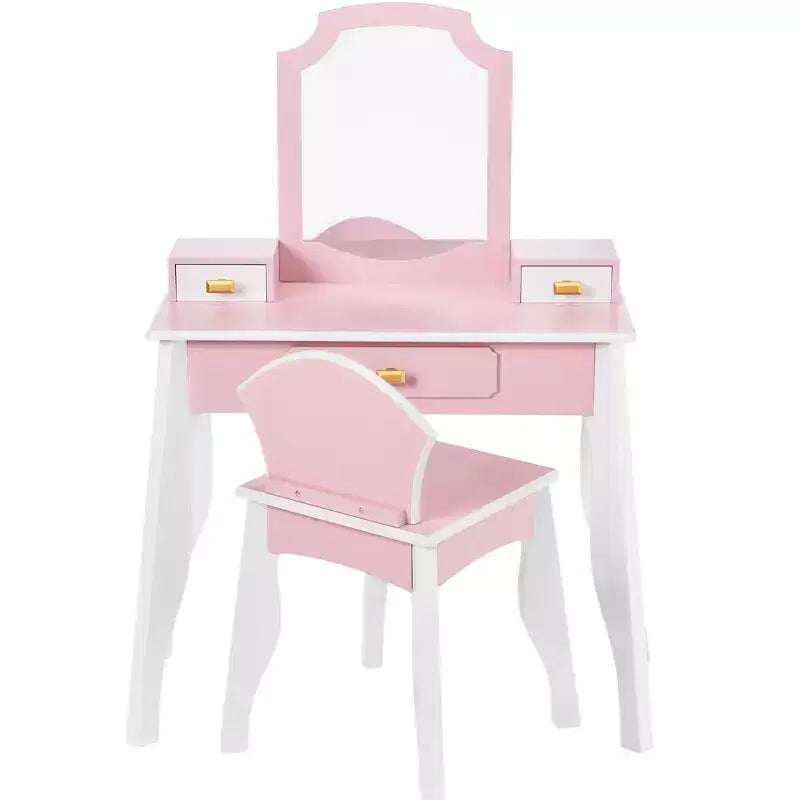 Best Choice Kids Wooden Pretend Play Vanity and Chair Set w/ Mirror  Little Girls Makeup Table with 3 Drawers