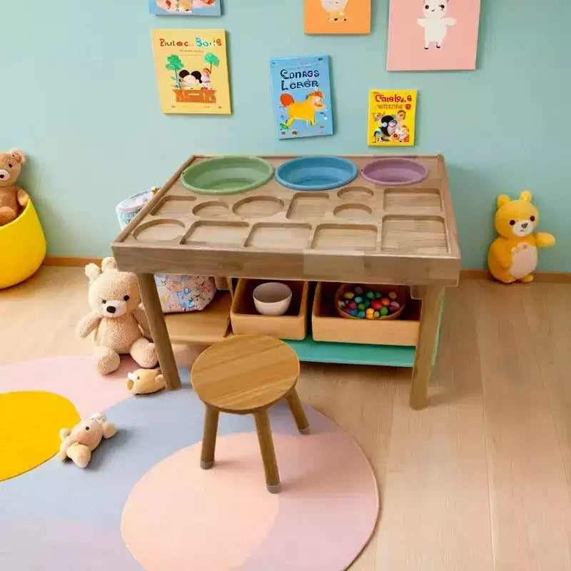 Set Tavolo e 2 Sedie per Bambini in Legno Naturale, Rettangolare, 3 Pezzi