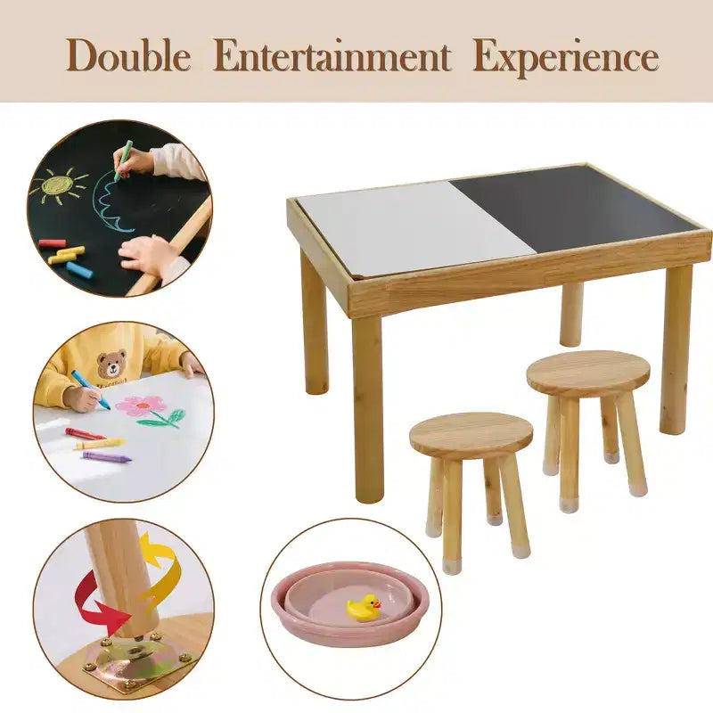 Set Tavolo e 2 Sedie per Bambini in Legno Naturale, Rettangolare, 3 Pezzi