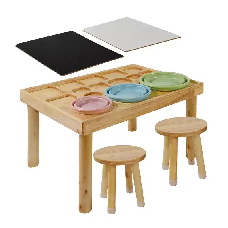 Set Tavolo e 2 Sedie per Bambini in Legno Naturale, Rettangolare, 3 Pezzi