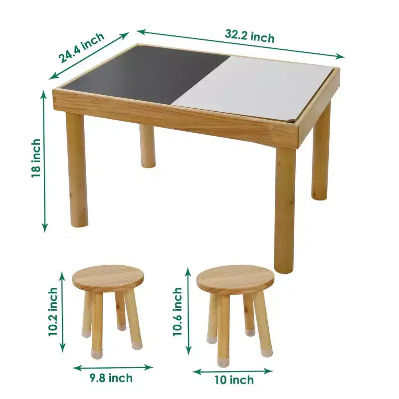Set Tavolo e 2 Sedie per Bambini in Legno Naturale, Rettangolare, 3 Pezzi