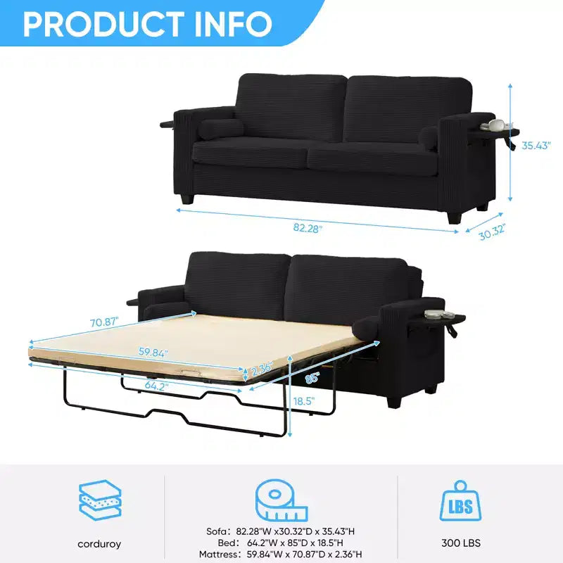 Divanetto divano letto estraibile 2 in 1 beige/nero, 2 posti
