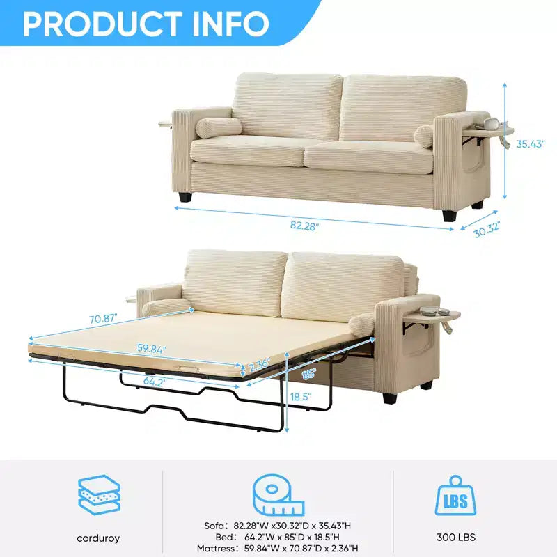 Divanetto divano letto estraibile 2 in 1 beige/nero, 2 posti