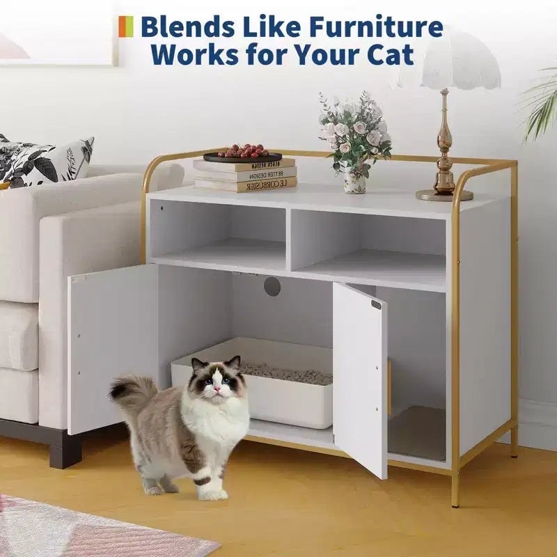 Mobile lettiera in legno bianco/nero con mensola portaoggetti, 4 ante, 1 gatto