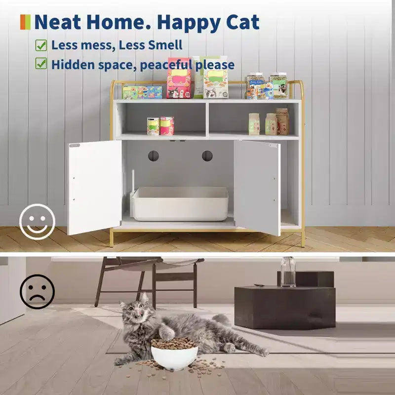 Mobile lettiera in legno bianco/nero con mensola portaoggetti, 4 ante, 1 gatto