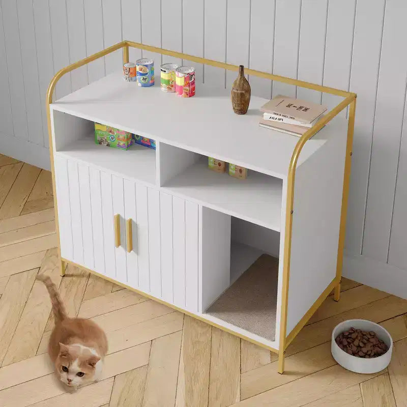 Mobile lettiera in legno bianco/nero con mensola portaoggetti, 4 ante, 1 gatto