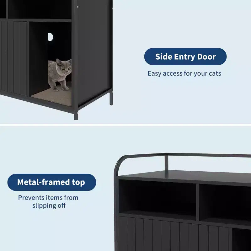 Mobile lettiera in legno bianco/nero con mensola portaoggetti, 4 ante, 1 gatto