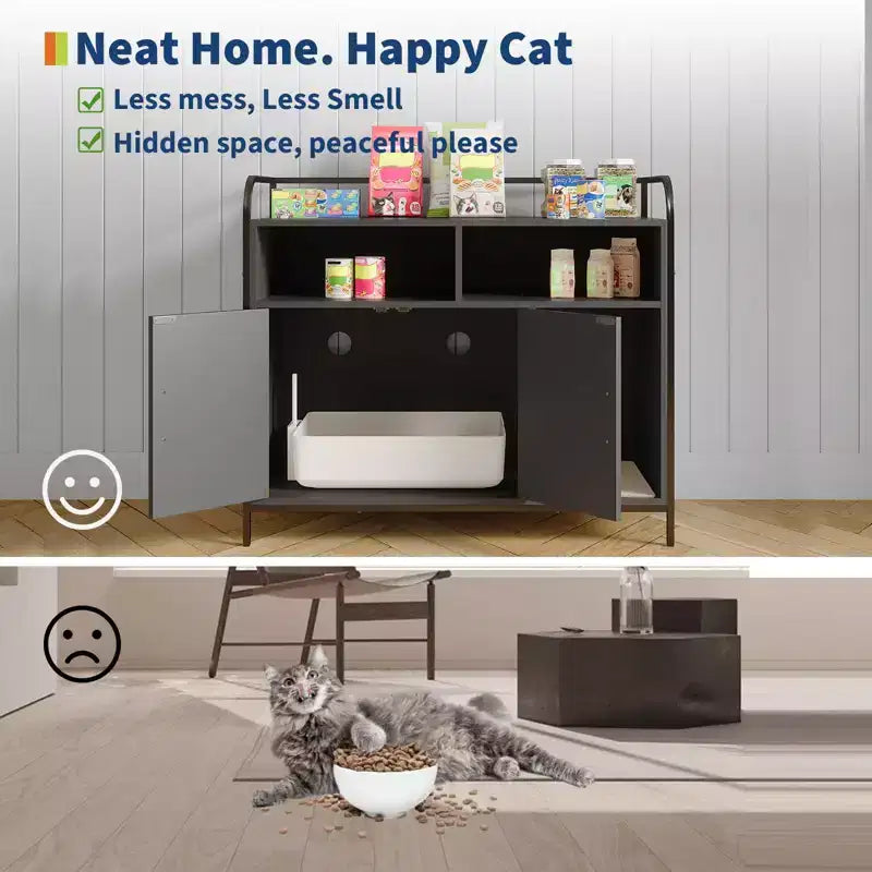 Mobile lettiera in legno bianco/nero con mensola portaoggetti, 4 ante, 1 gatto