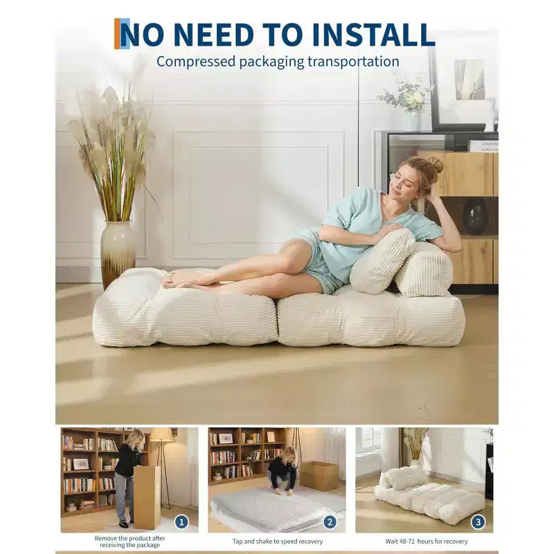 Divano Letto Pieghevole 3-in-1 in Velluto a Coste Beige, 1 Posto