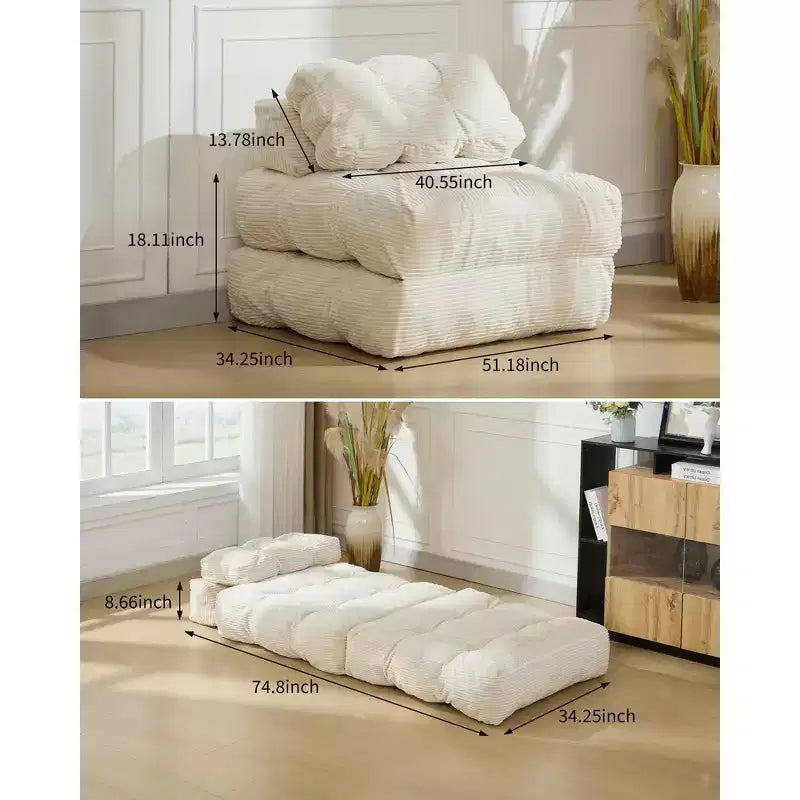 Divano Letto Pieghevole 3-in-1 in Velluto a Coste Beige, 1 Posto