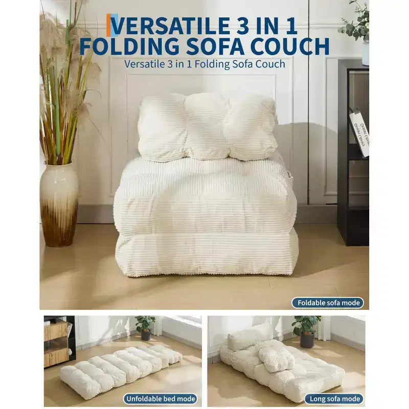 Divano Letto Pieghevole 3-in-1 in Velluto a Coste Beige, 1 Posto