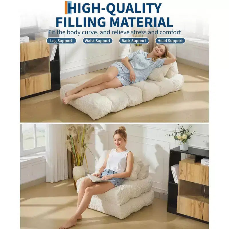 Divano Letto Pieghevole 3-in-1 in Velluto a Coste Beige, 1 Posto