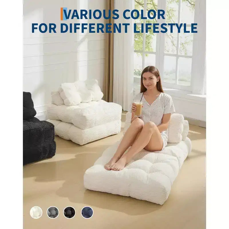 Divano Letto Pieghevole 3-in-1 in Velluto a Coste Beige, 1 Posto