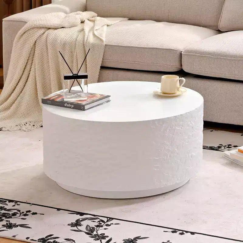 Tavolino da Caffè Rotondo Bianco con Piano Effetto Pietra, 1 Posto