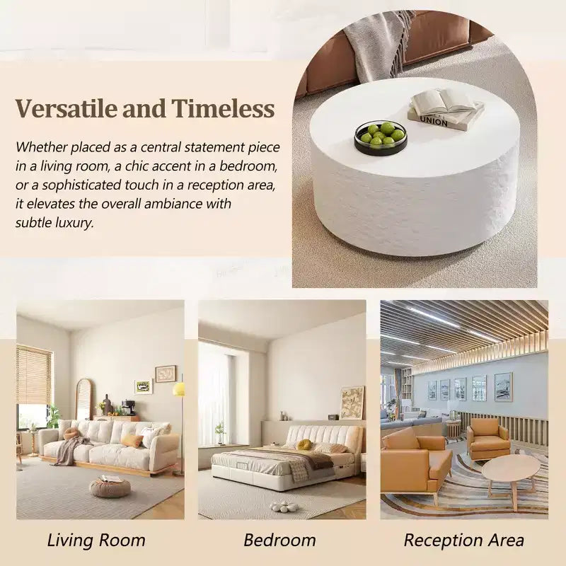 Tavolino da Caffè Rotondo Bianco con Piano Effetto Pietra, 1 Posto