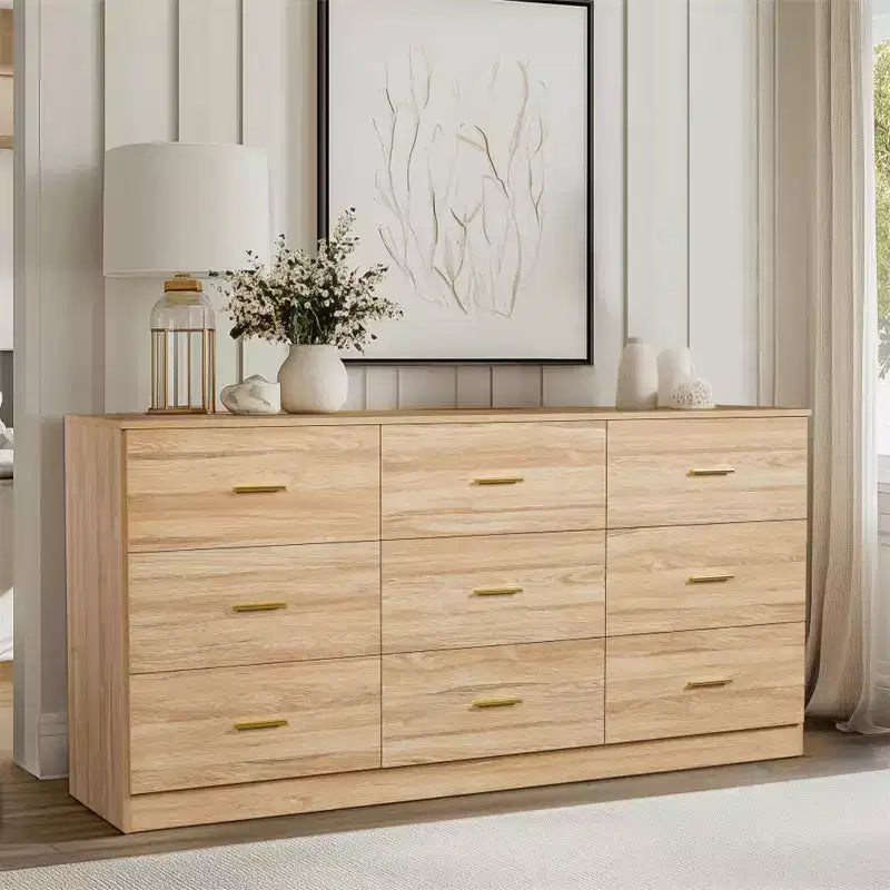 Modern Hardwood Bedroom Dresser with 9 Drawers - Spacious Storage Space, Large Drawers, Sturdy and Secure, Suitable for living Room and Bedroom.