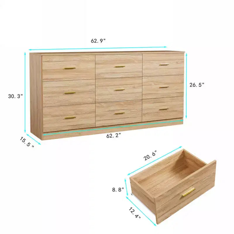 Cassettiera a 9 cassetti – Venatura del legno naturale, MDF, Utente singolo