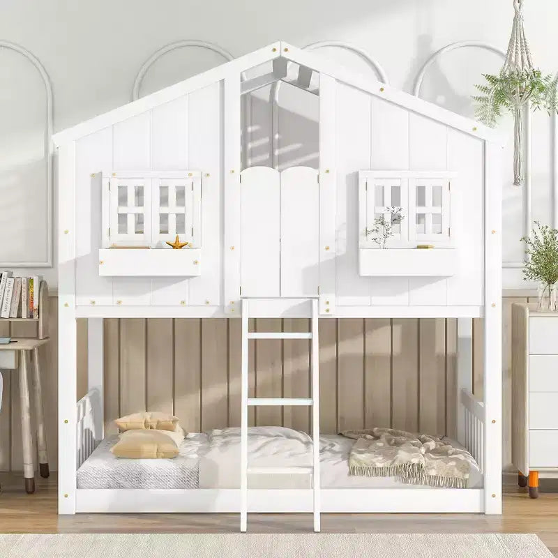 Letto a castello a casetta marrone, legno di pino, per 2 bambini