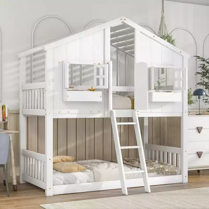 Letto a castello a casetta marrone, legno di pino, per 2 bambini