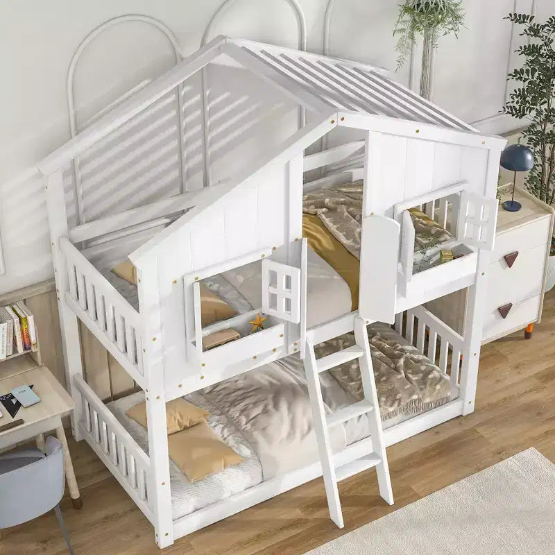 Letto a castello a casetta marrone, legno di pino, per 2 bambini