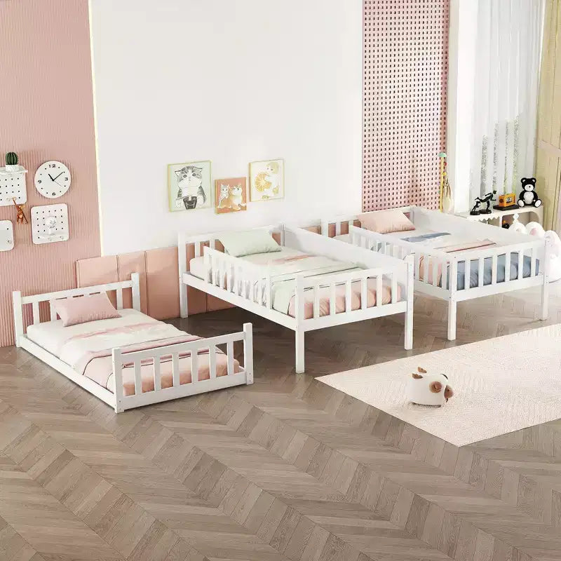 Letto a castello triplo bianco, legno di gomma, 3 bambini