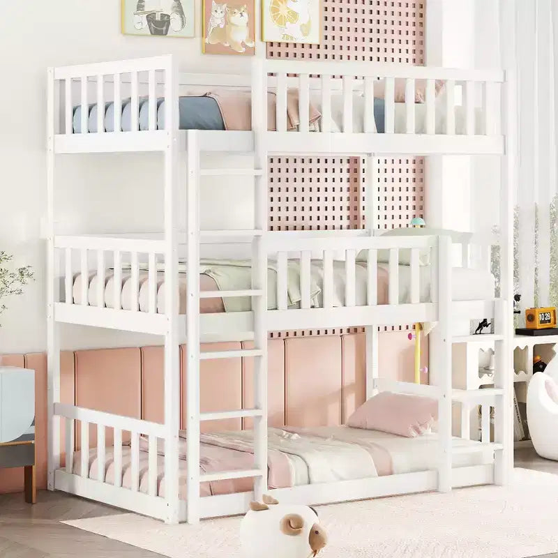 Letto a castello triplo bianco, legno di gomma, 3 bambini