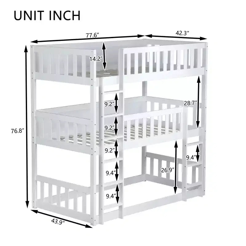 Letto a castello triplo bianco, legno di gomma, 3 bambini