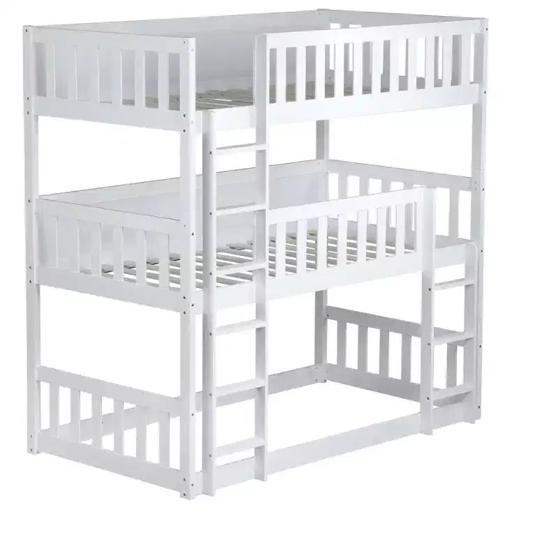 Letto a castello triplo bianco, legno di gomma, 3 bambini