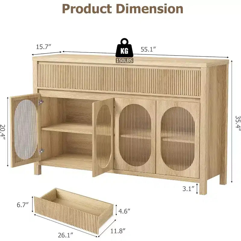 Madia/Credenza naturale scanalata da 55" – 4 ante, 2 cassetti