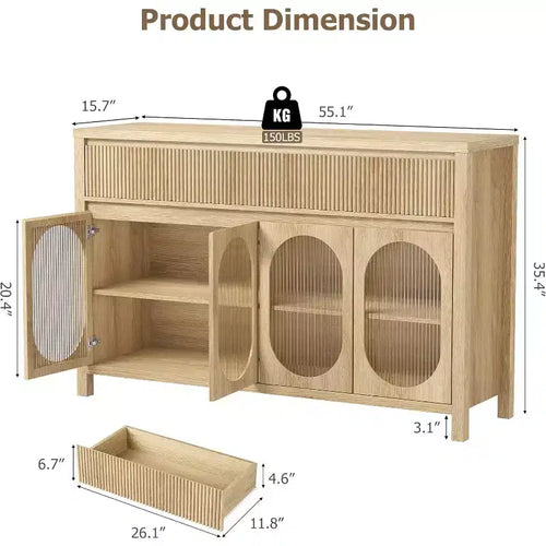 Madia/Credenza naturale scanalata da 55" – 4 ante, 2 cassetti