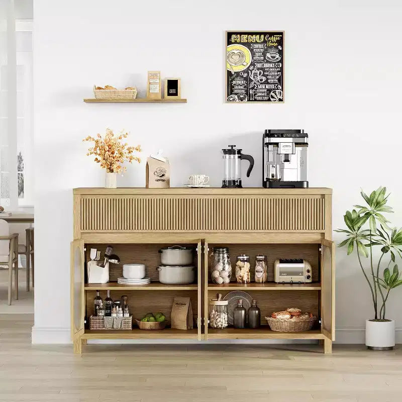 Madia/Credenza naturale scanalata da 55" – 4 ante, 2 cassetti