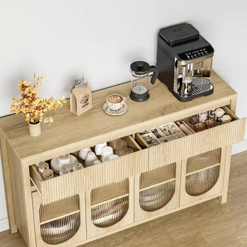 Madia/Credenza naturale scanalata da 55" – 4 ante, 2 cassetti