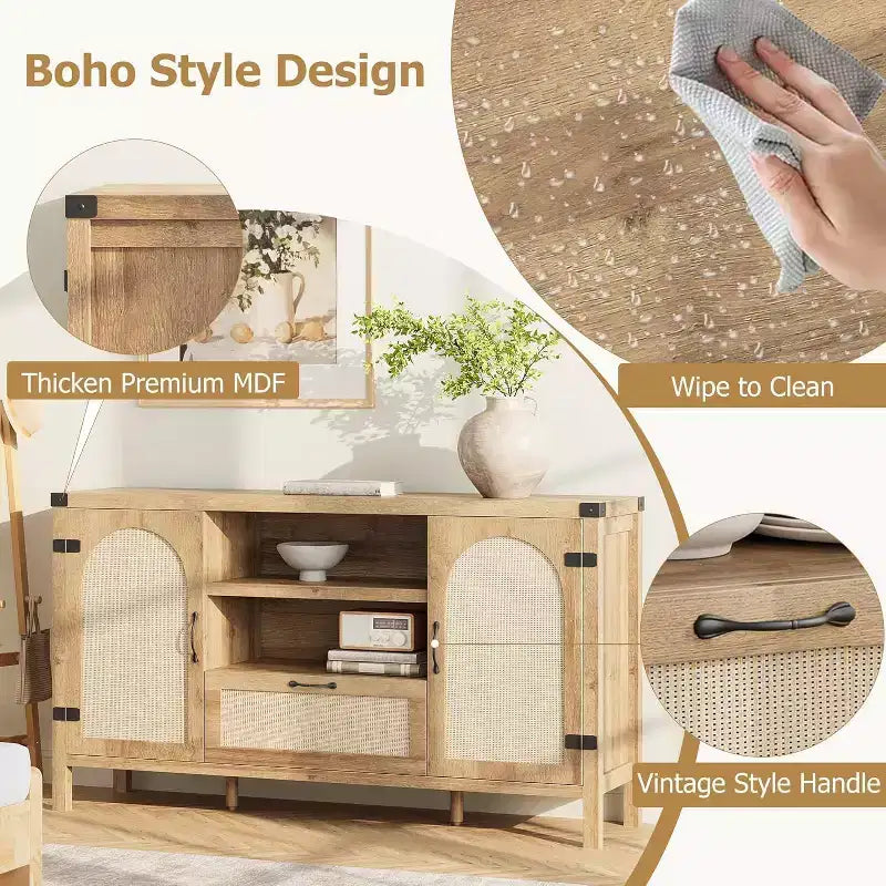 Madia buffet da 150 cm, colore nero / legno, 2 ante con cassetto