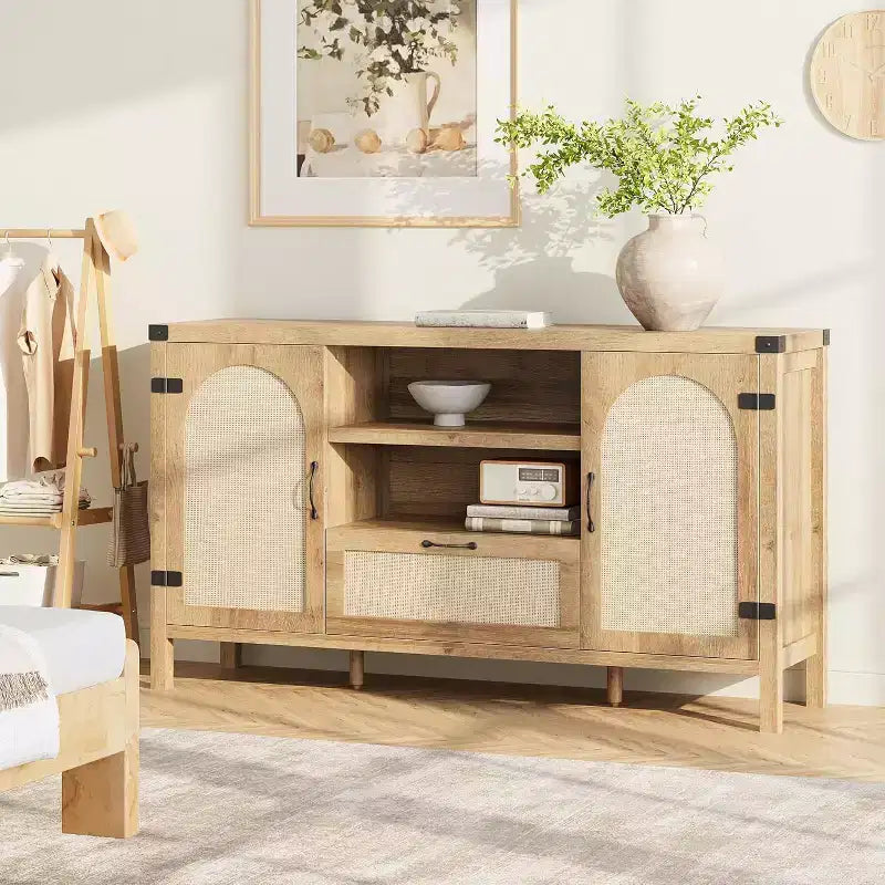 Madia buffet da 150 cm, colore nero / legno, 2 ante con cassetto