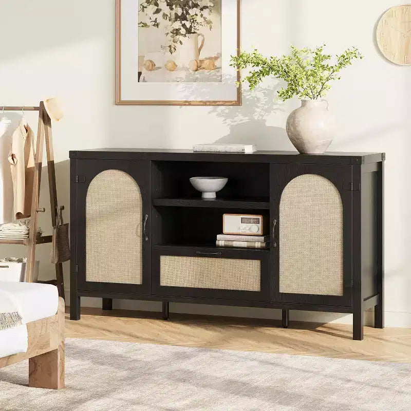 Madia buffet da 150 cm, colore nero / legno, 2 ante con cassetto
