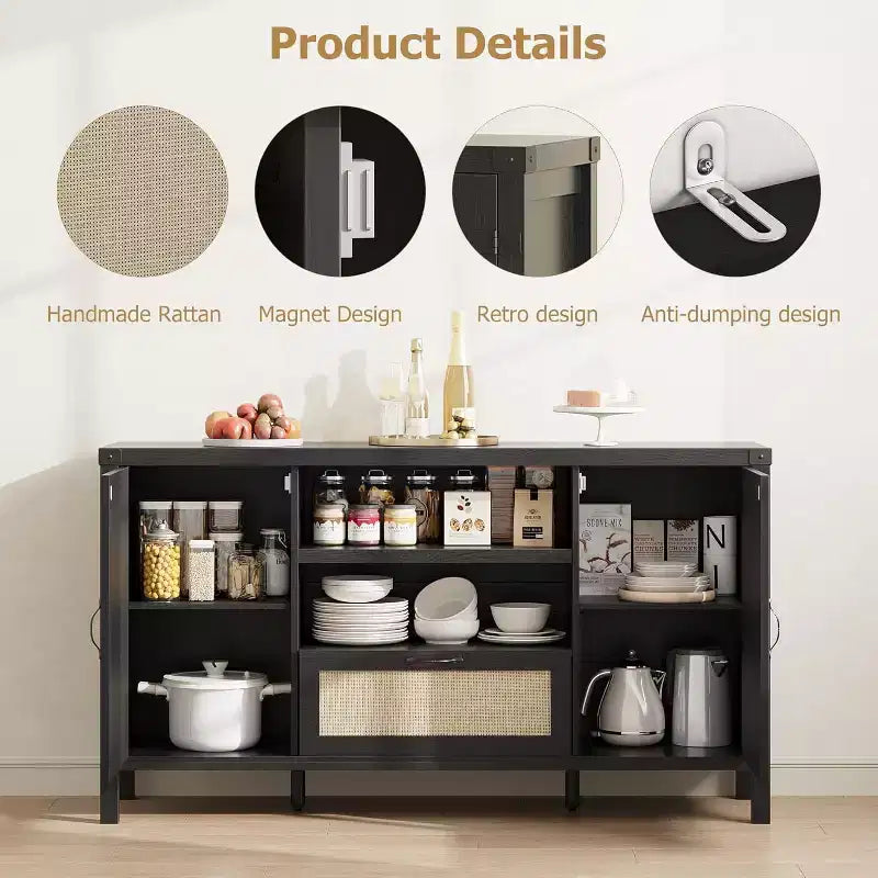 Madia buffet da 150 cm, colore nero / legno, 2 ante con cassetto